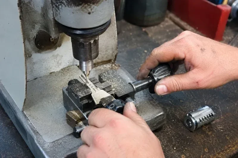 Hands operating a bench-mounted machine with a key clamped beneath a vertical cutter and a loose lock cylinder nearby. — Car Key Replacement, Richmond Hill