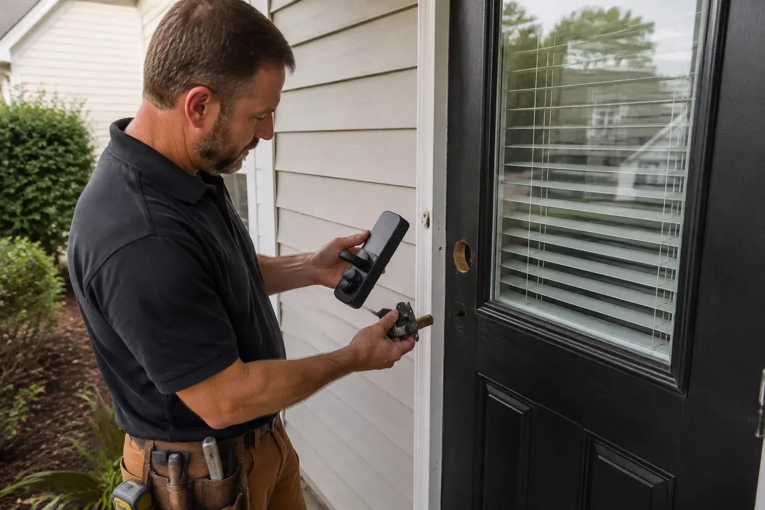 Person holding a black door-handle assembly and a latch beside a glazed door with exposed lock openings. — Smart Lock Installation, Richmond Hill