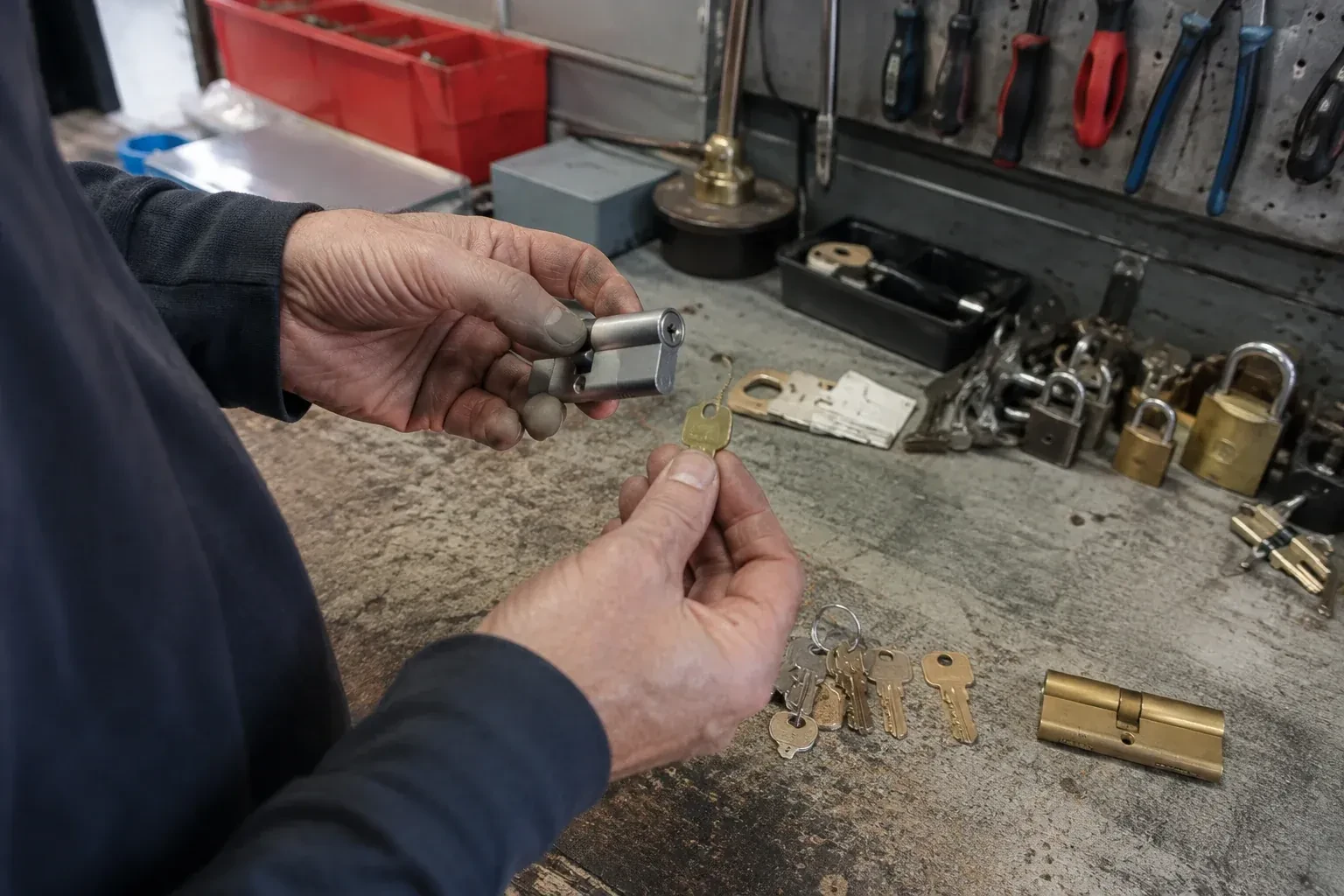 Hands holding a silver-colored lock cylinder and a brass-colored key above a workbench with padlocks, keys and tools. — Master Key System Design, Richmond Hill