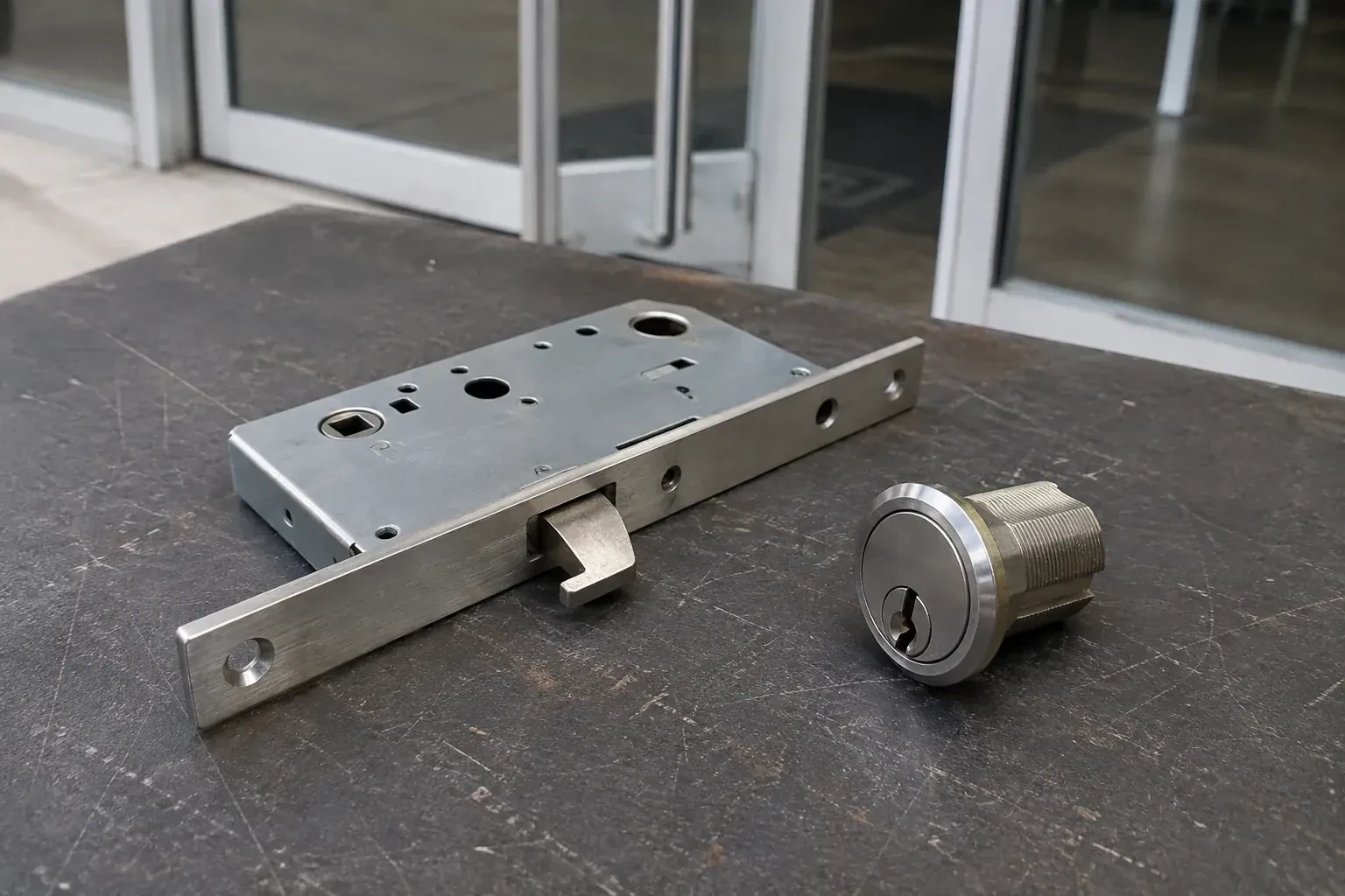 Detached mortise lock body with a projecting hook-shaped bolt beside a threaded cylinder. — Commercial-Grade Lock Replacement, Richmond Hill