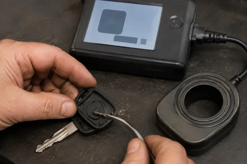 Hands using tweezers at an opened car-key head beside a small electronic unit and a ring-shaped accessory. — Transponder Key Programming, Richmond Hill