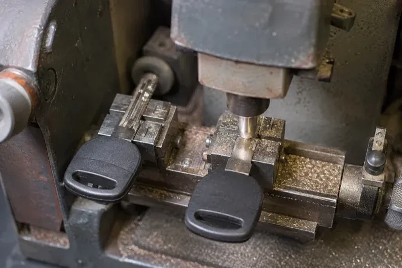 Two black-headed keys clamped in a bench machine, one beneath a vertical cutter, with metal shavings around the clamps. — Spare Car Key Duplication, Richmond Hill