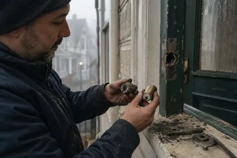 Person holding two lock cylinders beside an open painted door, with loose hardware and debris on the sill. — Seized & Jammed Lock Opening, Richmond Hill
