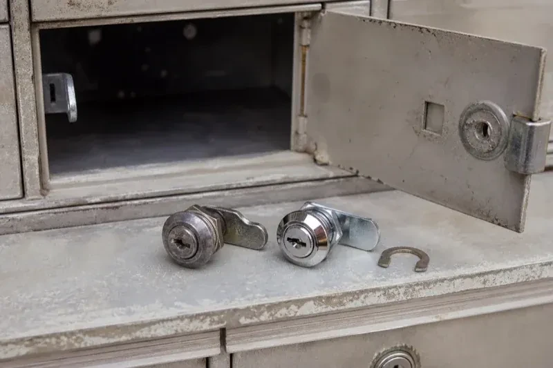 Two loose cam locks and a retaining clip resting below an open metal mailbox compartment. — Mailbox Lock Replacement, Richmond Hill