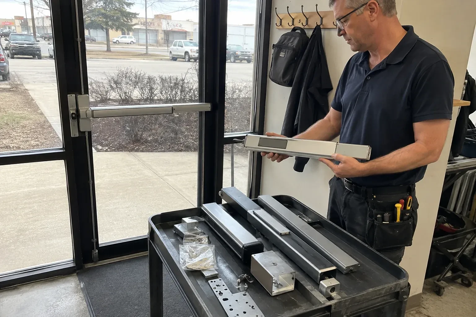 Person holding a long metal door-hardware assembly beside a cart of similar parts and a glass door fitted with a push bar. — Panic & Exit Hardware, Richmond Hill