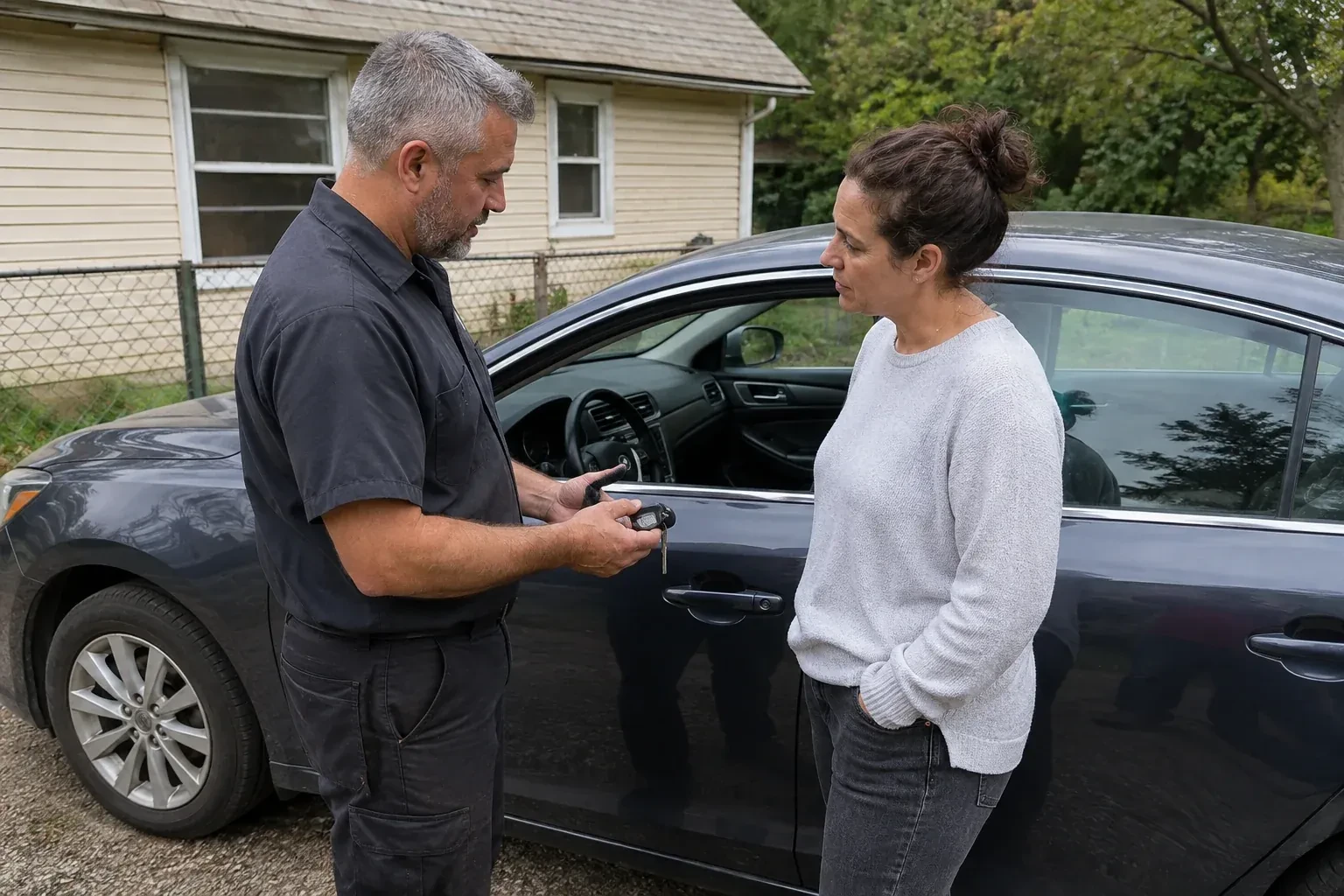 Two people standing beside a car with its window lowered, one holding a key and black key fob. — Ignition Lock Repair, Richmond Hill