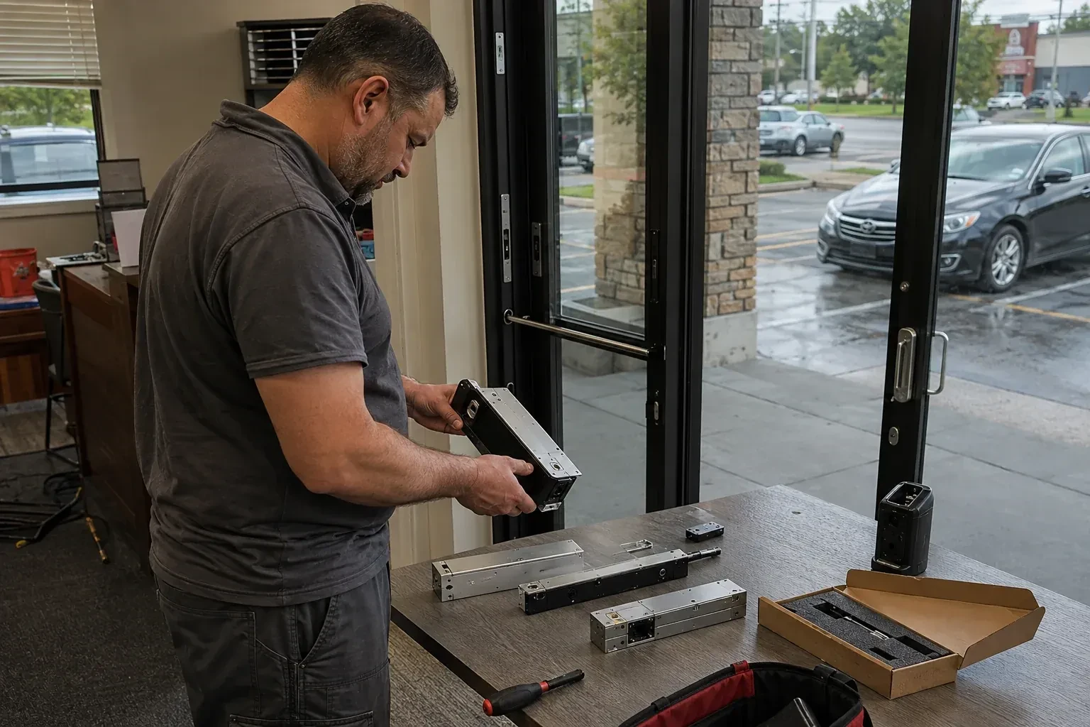 Person holding a rectangular door-hardware housing at a table with additional metal assemblies beside a glass entrance. — Access Control Installation, Richmond Hill