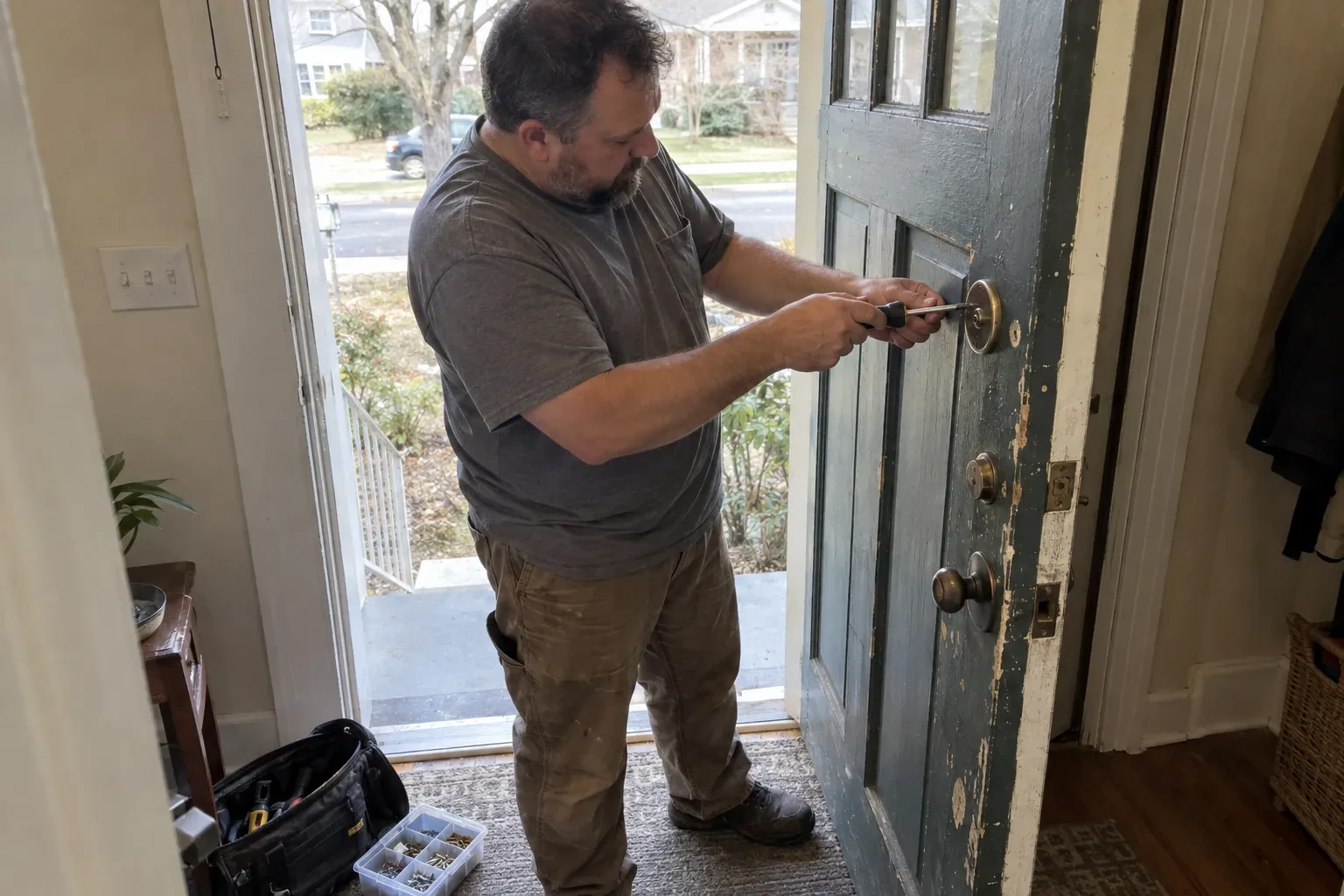 Technician using a screwdriver on the deadbolt of an open blue-gray front door, with a tool bag and screw tray nearby. — Deadbolt Installation, Richmond Hill