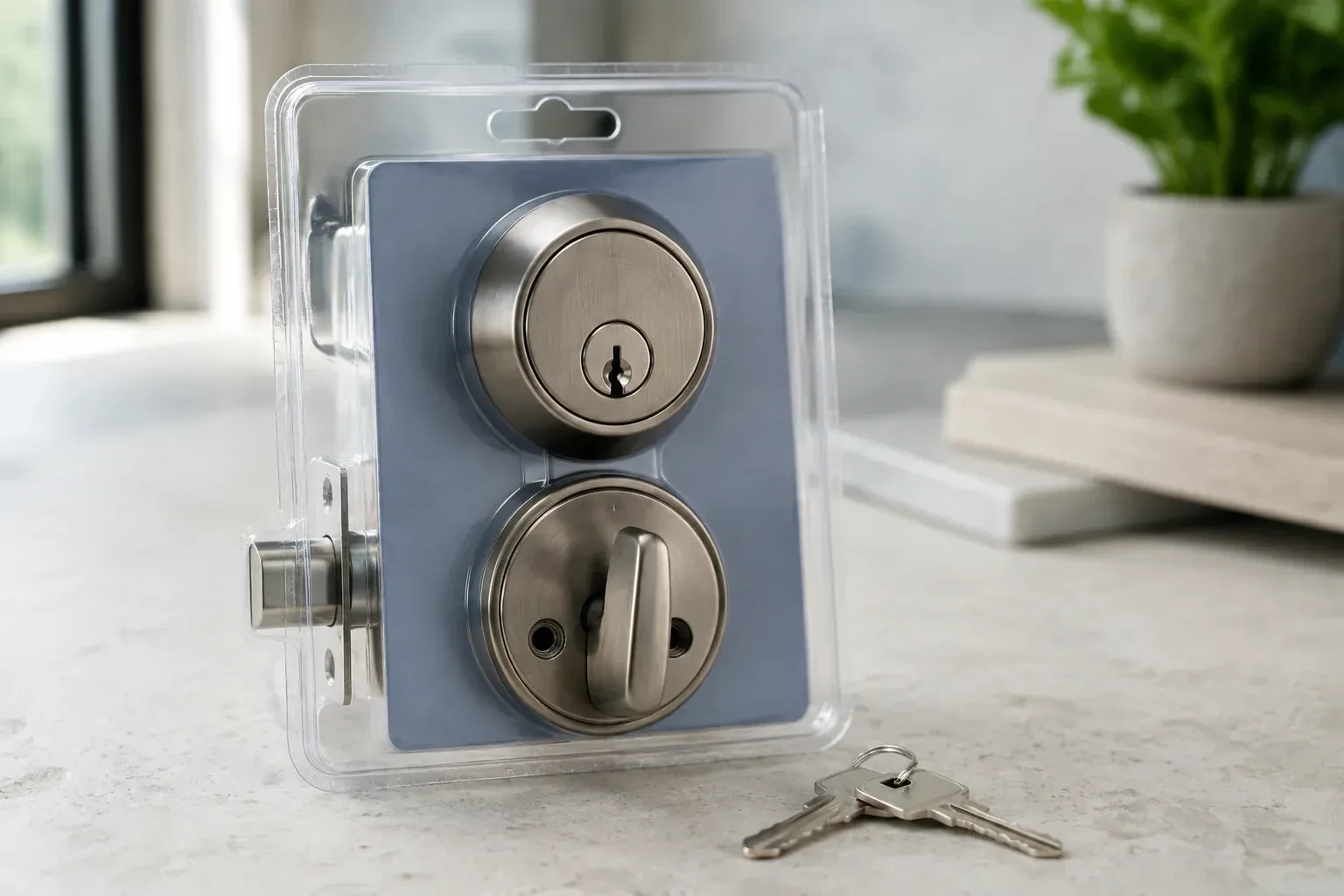 A silver-colored deadbolt set in clear packaging with two keys resting on the countertop in front. — Lock Rekeying, Richmond Hill
