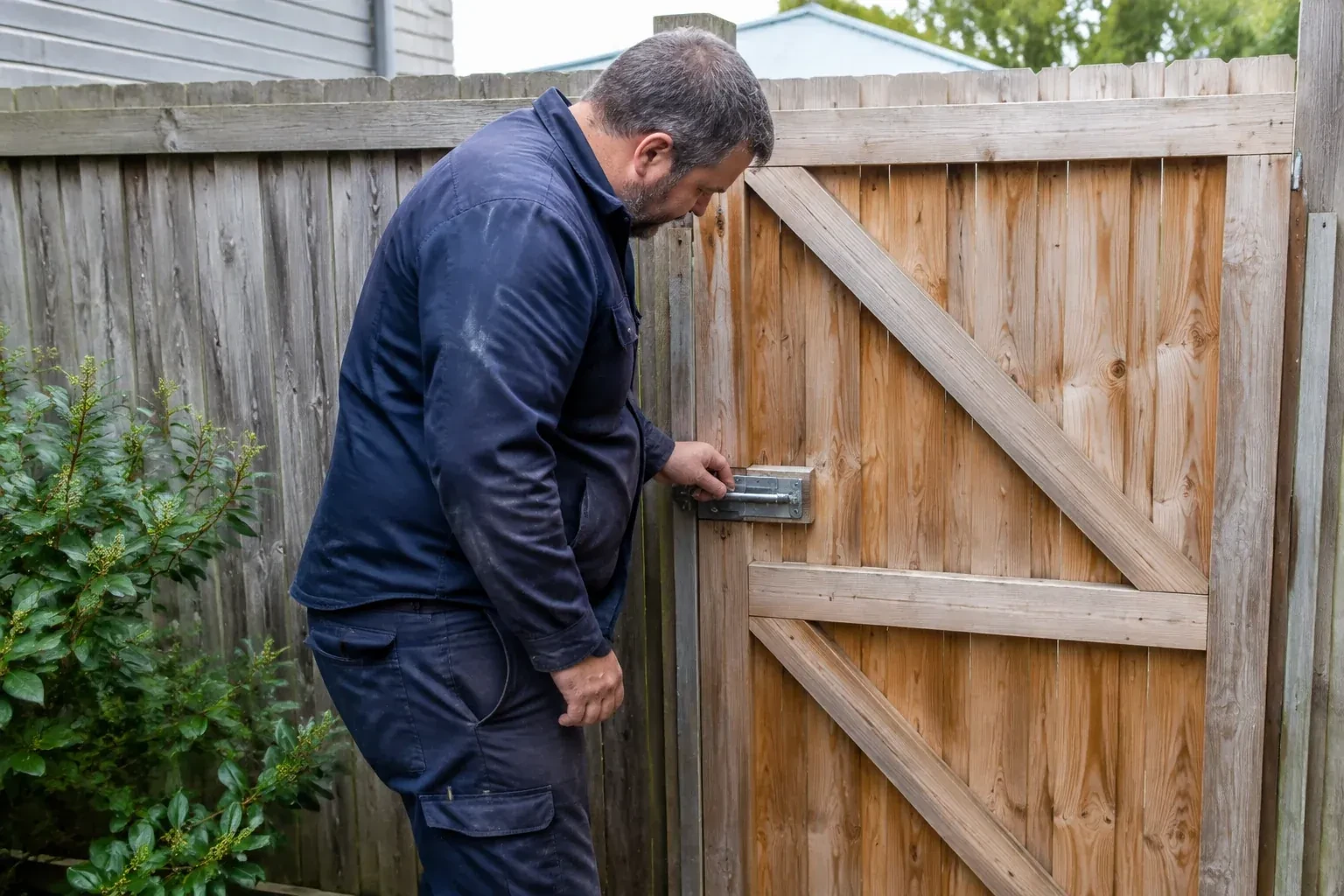 Person touching the sliding metal bolt on a wooden garden gate. — Gate & Building Entry Locks, Richmond Hill