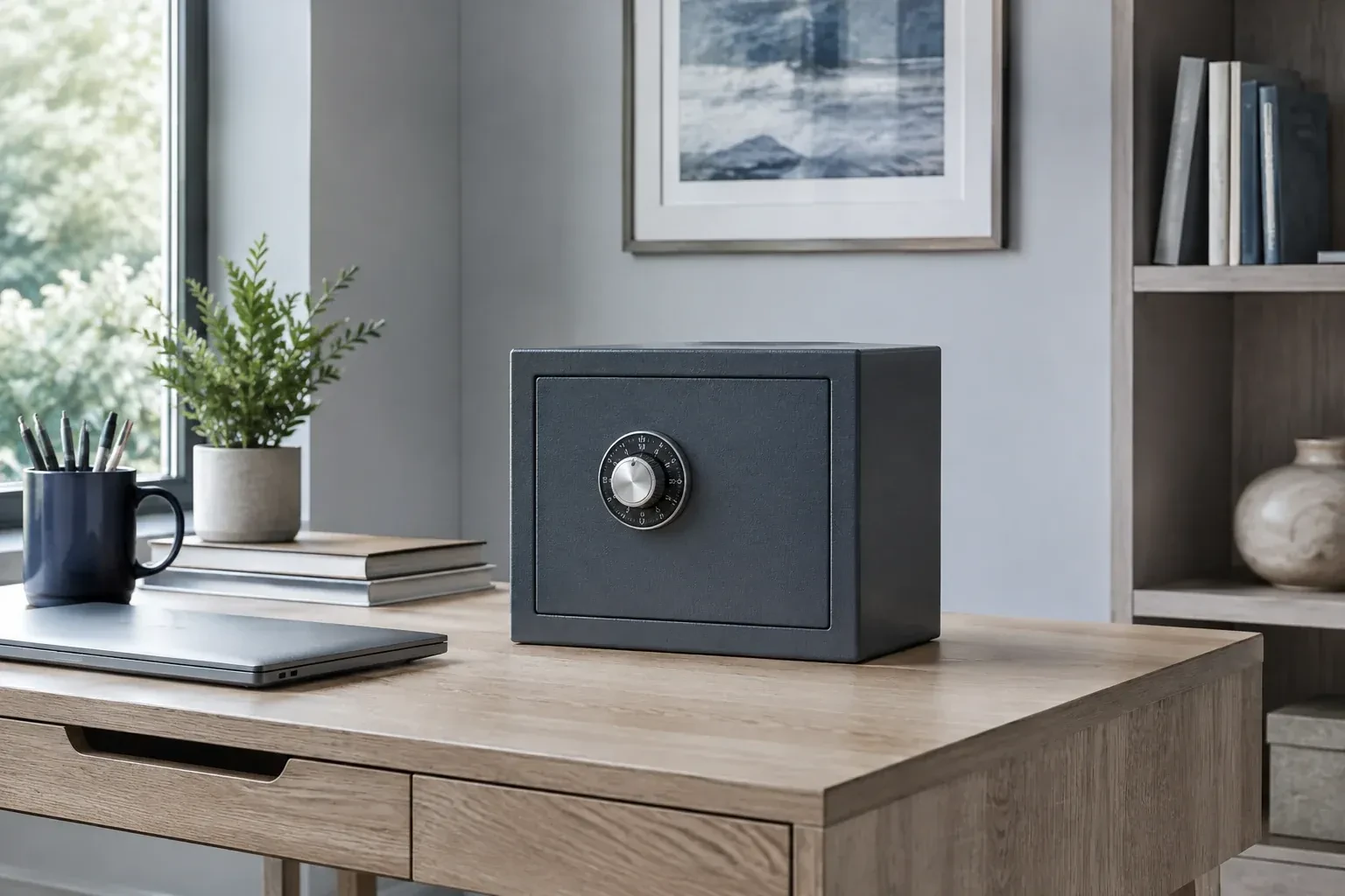 Small dark safe with a combination dial on a wooden desk beside a closed laptop and books. — Safe Opening & Combination Change, Richmond Hill