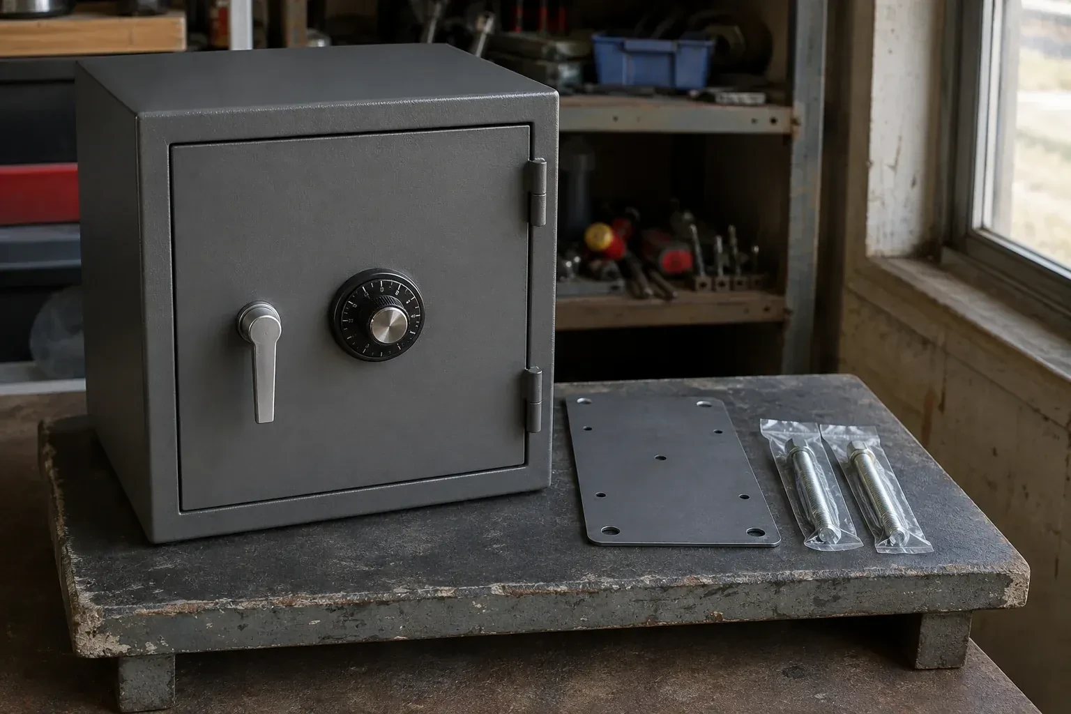 Closed small safe beside a metal plate and packaged fasteners on a workshop bench. — Safe Installation & Servicing, Richmond Hill