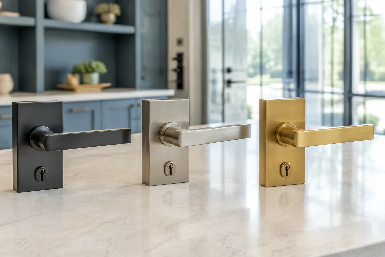 Three rectangular door-handle sets with keyholes in black, silver-colored and gold-colored finishes standing on a countertop. — Commercial Rekeying, Richmond Hill