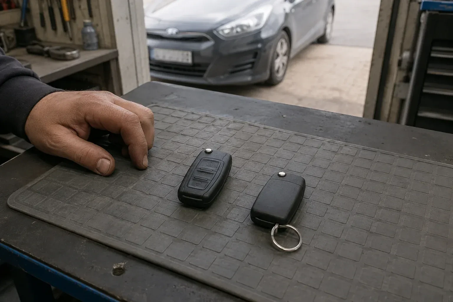 Two vehicle remote fobs on a work mat beside a technician’s hand, with a parked car beyond. — Key Fob Programming, Richmond Hill